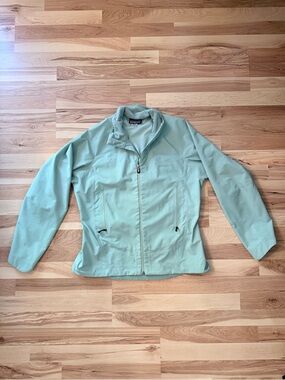 Patagonia Women’s Large Mint Green Softshell Jacket Fleece Collar Hiking